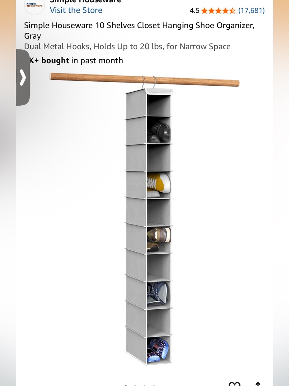 Gray 10-Shelf Hanging Closet Shoe Organizer